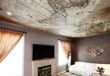 Тканевый натяжной потолок в интерьере гостиной