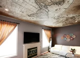 Тканевый натяжной потолок в интерьере гостиной